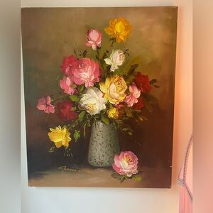Floral Still Life Painting with Pink and Yellow Roses